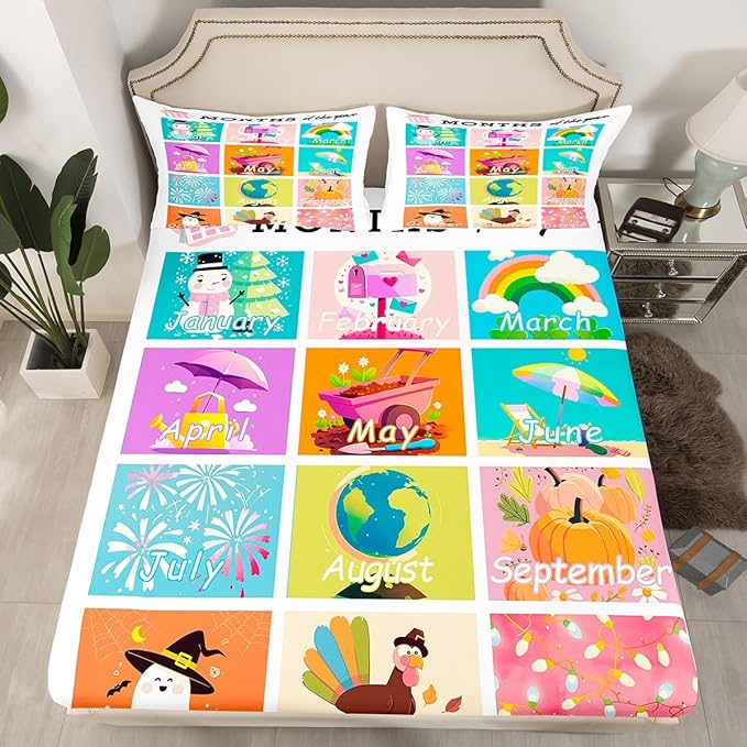 Feelyou Kids Educational Bedding Set Full Size, Months Bed Sheet Set Boys Girls Learning Fitted Sheet Kindergarten Teens Bedroom Decor Lightweight Bed Set (No Flat Sheet)