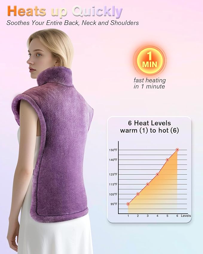 Heating Pad for Neck and Shoulders and Back, Pain Relief Electric Heating Pad Large Size 24”X33” with 4 Timers, 6 Heat Levels, Auto-Off, Mothers Day & Birthday Gifts for Women Mom Wife Grandma, Purple
