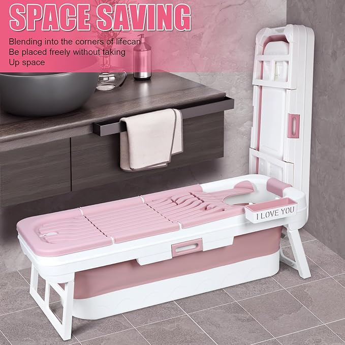 Portable Bathtub, 58/56/50/46 Inch Collapsible Bathtub, Freestanding Foldable for Adults, Folding Tub for Shower, Hot Bath, Ice Bath (Pink-A-150cm)