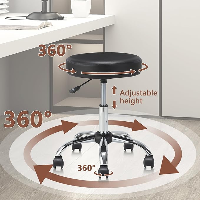 Round Rolling Stool with Wheels Adjustable Height Swivel Multi-Purpose Heavy Duty Wide Seat Drafting Stool for Office Laboratory Salon Massage Spa Medical Doctor Clinic Tattoo Beauty Nail