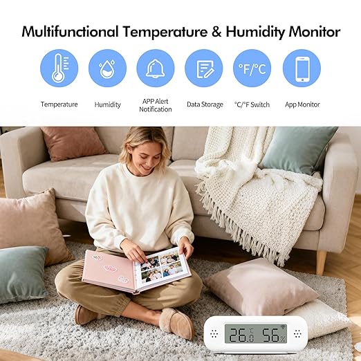 eMylo WiFi Thermometer Hygrometer Sensor, Smart Wireless Indoor Temperature Humidity Monitor with App Alerts, Free Data Storage Export, for Home Room Pet Greenhouse, Compatible with Alexa, 4 PCS