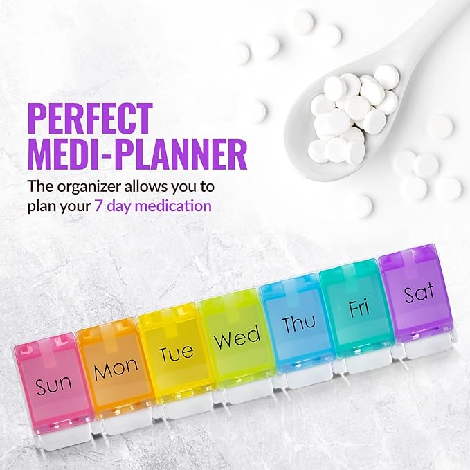 Weekly Pill Organizer - (Pack of 2) Colorful 7-Day Easy Push Button Assisted Open for Arthritis and Seniors, BPA Free, Daily Travel Pill Box Case Planner for Medication Vitamins Fish Oil Supplements