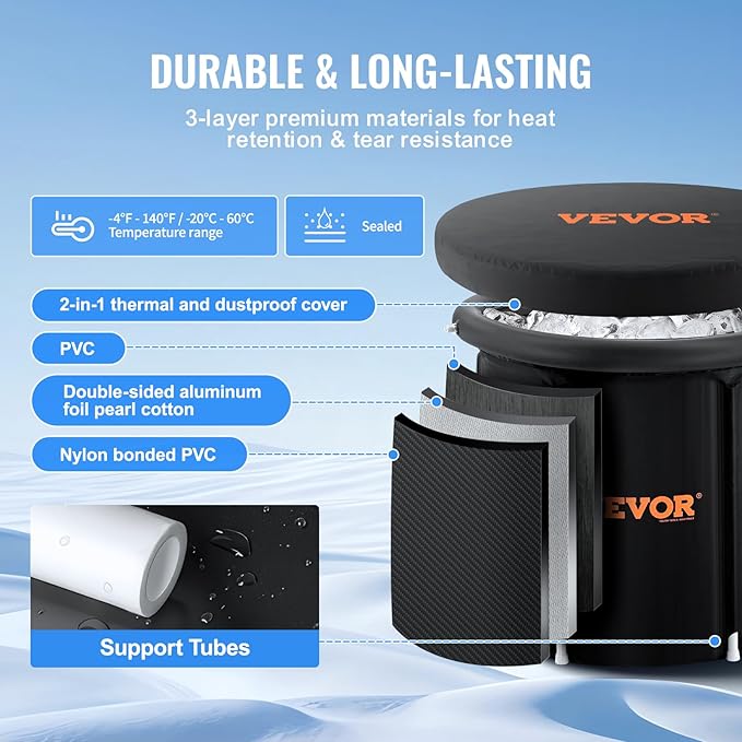 VEVOR Ice Bath Tub, Cold Water Therapy Plunge Tub for Athlete, Portable Outdoor Ice Barrel Plunge Pool for Recovery, 98 Gal Inflatable Folding Bathtub with Cover, Home Ice Pod for Adult, 35.4"Lx30"H