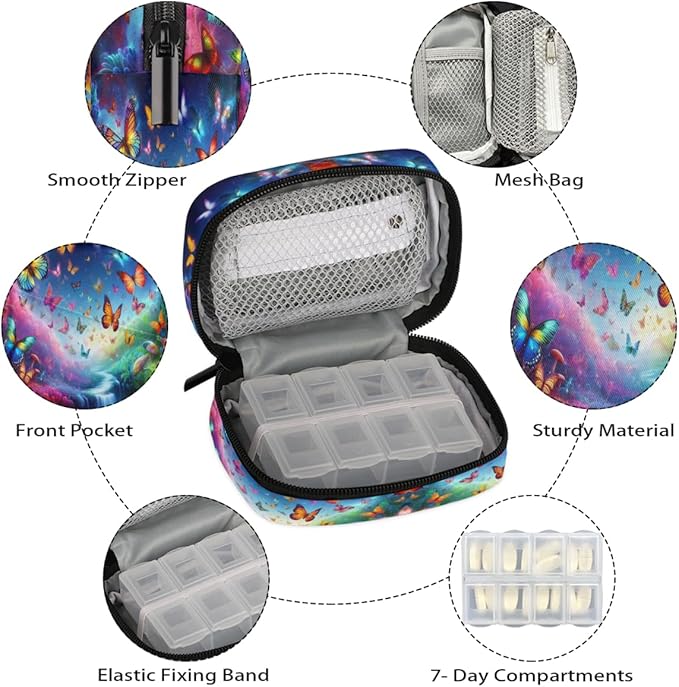 Colored Butterfly Beauty Pill Case Travel Pill Organizer Weekly 7 Day Portable with Zipper Medicine Box Pill Case for Vitamins, Birth Control,Fish Oils,Medication, Supplements