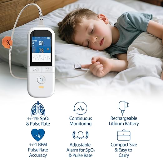 Handheld Pulse Oximeter for kids - Continuous Oxygen & Heart Rate Monitor with Adjustable SpO2 & Pulse Alarms - Pulse Oximeter Medical Grade for kids