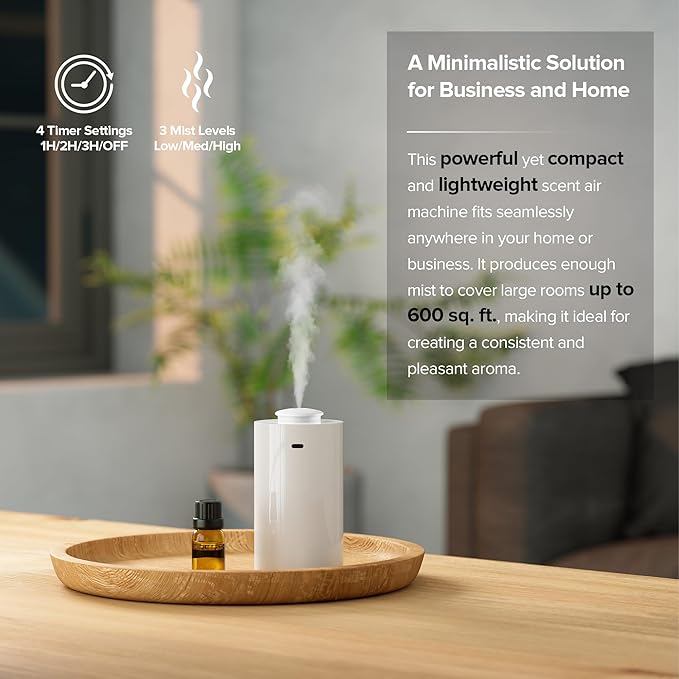 Waterless Essential Oil Diffuser for Home Aromatherapy Car Nebulizing Diffuser Battery Operated 5-20mL Mini Scent Air Machine Up to 600 Sq.Ft. 4Timer 3 Mist-Level (AN7 White)