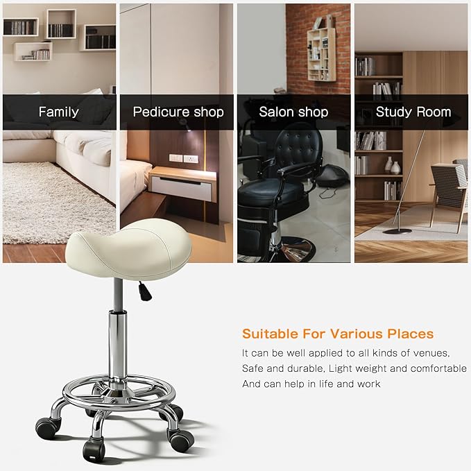 Saddle Stool with Ring Pedal, Adjustable Hydraulic Rolling Chair with Wheels for Medical, Massage, Salon, Spa, Kitchen, and Drafting Use