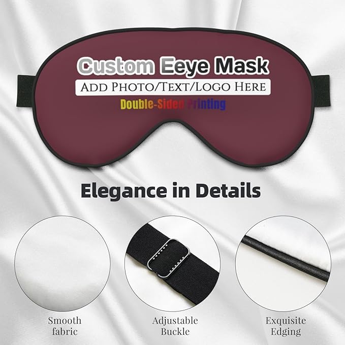 Custom Sleep Eye Mask Personalized Men Women Blindfold Design Your Own Photo Text Logo Adjustable Strap Soft Eyeshade Customized Blackout Eye Cover for Home Offices Travel Maroon