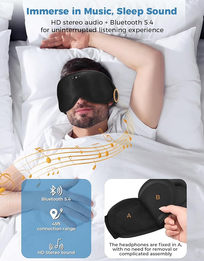 3D Contoured Sleep Mask with Bluetooth Headphones, Eye Masks for Sleep with Ultra-Thin Stereo Speakers for Men, Women, Tech Gifts