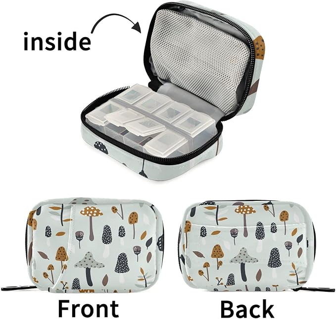 Pill Box Mushroom Autumn Forest Jungle 7 Day Pill Case Travel Pill Organizer Bag with Zipper Portable Weekly Vitamin Medicine Supplement Holder Pouch Bag