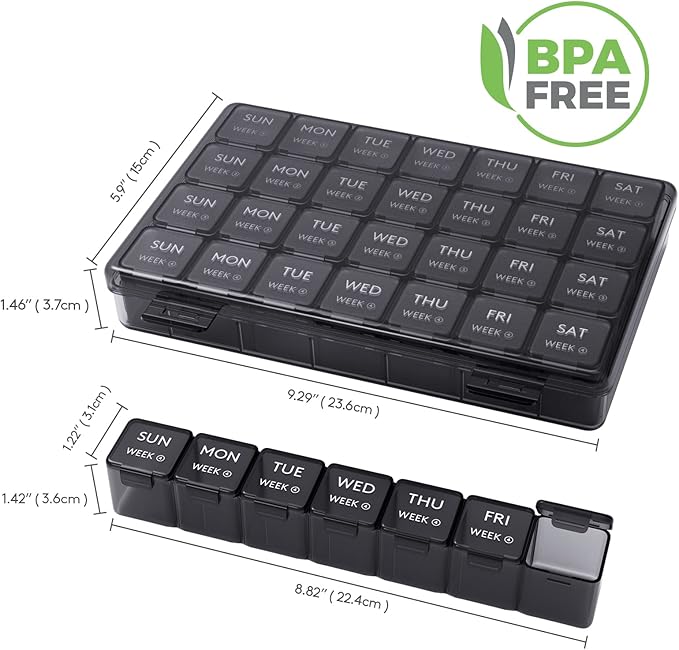 Lifewit Monthly Pill Organizer, 28 Day Pill Box, 4 Weeks One Month Vitamin Cases, Large Compartments Medicine Organizer for Fish Oils, Supplements, 28 Grids, Black