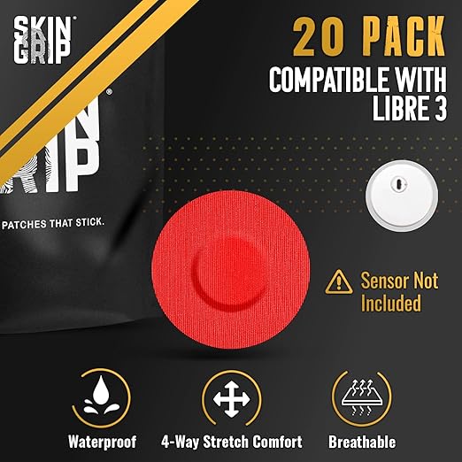 Skin Grip Freestyle Libre 3 Sensor Covers-Waterproof & Sweatproof Adhesive Patches for 10-15 Days (Not for Libre2), Pre-Cut CGM Sensors Cover, Compatible with Instinct Sensors- 20 Pack, Rainbow Pack