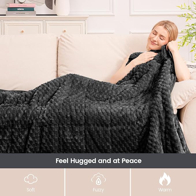 Super Fuzzy Soft Fleece Sherpa Weighted Blanket 15 lbs for Adults, 3D Imitation Turtle Shell Luxury Weighted Throw for Better Sleep, Dual Sided Cozy Heavy Blankets for Couch Bed, Black, 48" x 72"