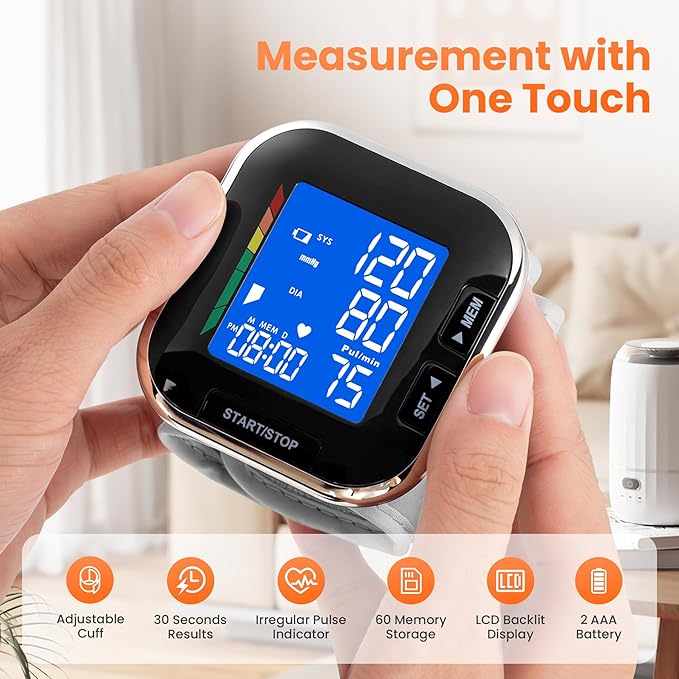 Blood Pressure Monitor Adjustable Wrist Cuff LCD Backlit Display BP Machine for Home Use Stores Up to 60 Readings Batteries Included with Carrying Case, Black