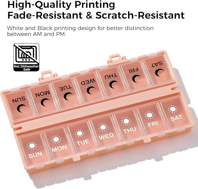Foldable Pill Organizer Weekly 2 Times a Day, 7 Day Portable AM PM Travel Pill Case with Black&White Labels, Dual-Protection Daily Medicine Box, Large Pill Container for Vitamin/Supplement-Pink