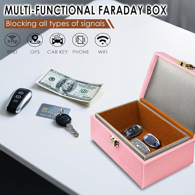 Faraday Box for Car Keys, Faraday Key Fob Protector Box, Anti Theft Car Keys Faraday Cage, Keyless Entry Protector Faraday Pouch for Key fob, RFID Signal Blocking Box(Pink,S)