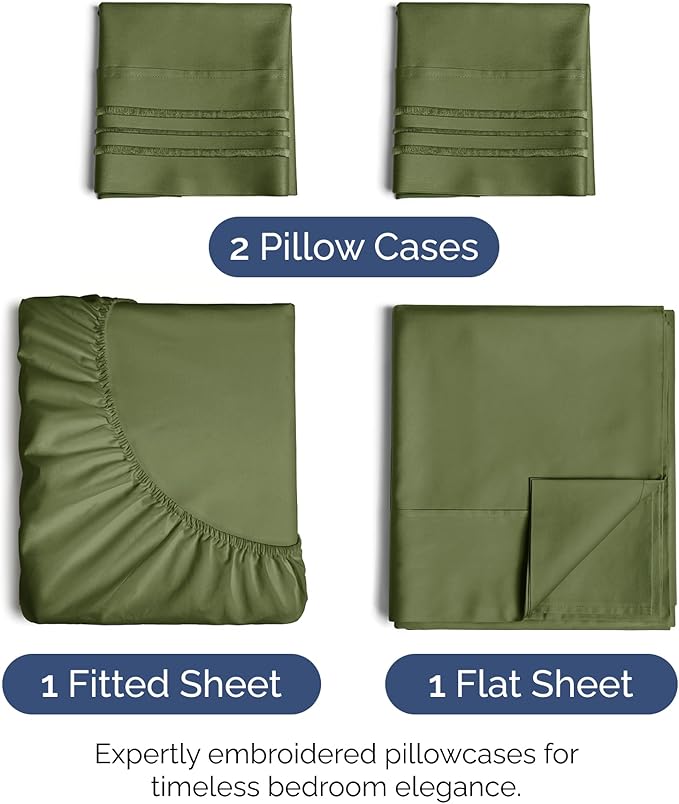 Cal King Size 4-Piece Sheet Set - Extra Soft, Breathable & Cooling - Hotel Luxury Durable Bed Sheets - Deep Pockets, Easy-Fit & Wrinkle-Free - Deep Olive Oeko-Tex