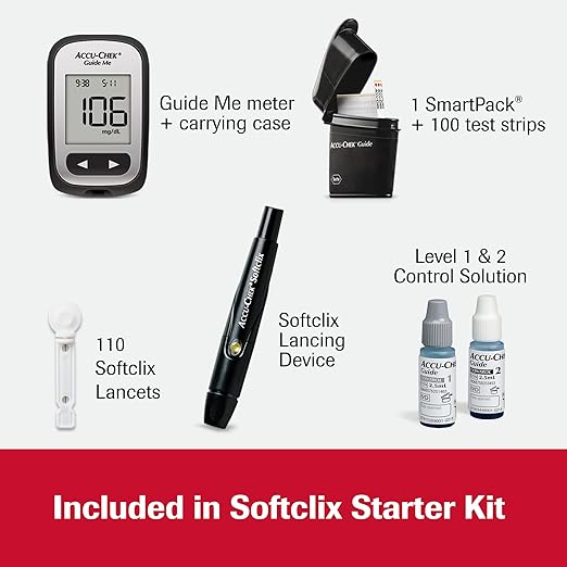 Accu-Chek Softclix Glucose Monitor Kit for Diabetic Blood Sugar Testing: Guide Me Meter, Softclix Lancing Device & 110 Lancets, 100 Guide Test Strips, and Control Solution (Packaging May Vary)