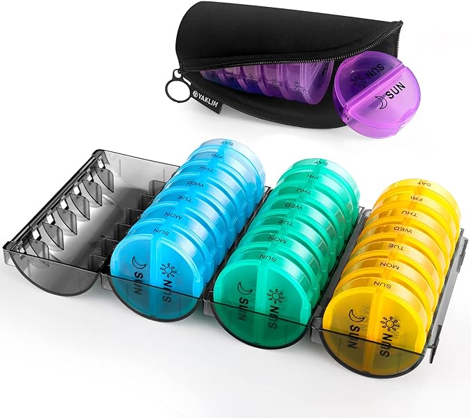 Yaklim Monthly Pill Organizer 2 Times A Day,XL One Month 28 Day Pill Box AM PM,Daily Pill Case Large 4 Week,Medication Organizer Dispenser for Pills,Fish Oils, Vitamin,Supplement（4 Colors ）