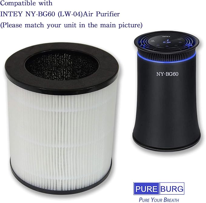 PUREBURG LW-04 Replacement Filter Compatible with INTEY NY-BG60 Air Purifier, 2-Pack H13 True HEPA Activated Carbon 3-Stage Filtration Air Clean Dust VOCs Odor