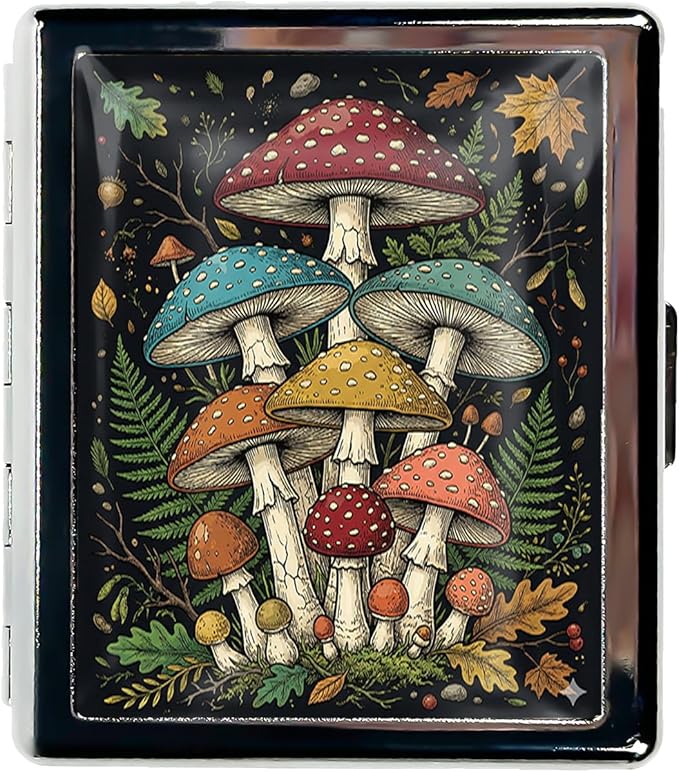Metal 7 Day Pill Organizer, Weekly Pill Case with 8 Compartments, Travel Pill Box for Purse & Pocket, Small Medicine & Vitamin Organizer with PP Dividers (Mushroom Forest)