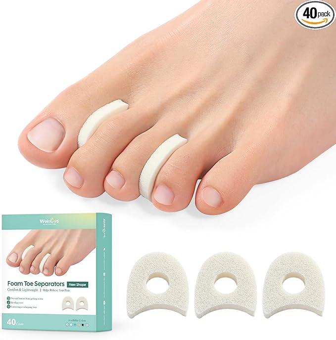 Welnove Foam Toe Separators - 40 Pack Toe Spacers for Corn, Blister, and Hammer Toe Relief - Breathable, Adhesive Options for Pain from Bunions, and Toe Overlap, Toe Spacers for Men
