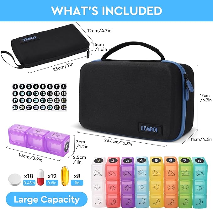 Monthly Pill Organizer 3X a Day with Portable 7-Day Travel Medicine Organizing Bag,Large Pill Box with 32 Daily Compartments,30 Day Pill Case Medicine Organizer for Vitamin,Supplement and Medication