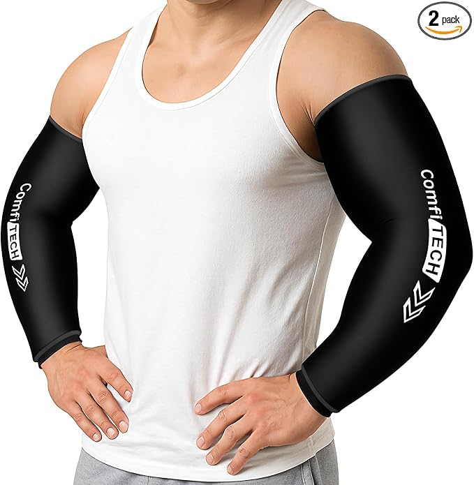 ComfiTECH 2 Pack Full Arm Cold Wrap with Flexible Gel for Athletes, Reusable Cooling Ice Pack for Elbow, Forearm, and Upper Arm, Large, Black