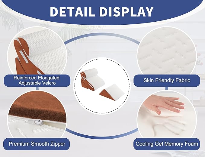 Orthopedic Bed Wedge Pillow Set 4PCS – Memory Foam Pillows for Sleeping, Post Surgery, Back Pain, Sitting Up in Bed, Acid Reflux, Snoring, Leg & Arm Support, White Brown