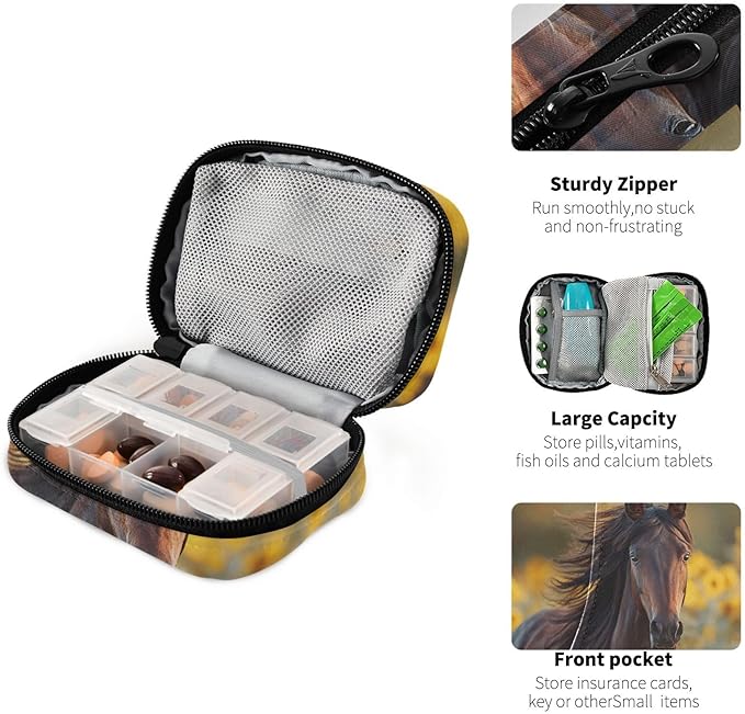 Sunflowers Field Horse Pill Organizer Case Floral Animals 7 Day Travel Pill Box with Zipper Portable Weekly Vitamin Medicine Supplement Holder Pouch Bag