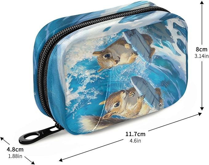 Squirrels Blue Surf Fish Summer Travel Pill Organizer Case Box Container Weekly Portable Vitamin Medicine Holder Storage Bag with Zipper Removable