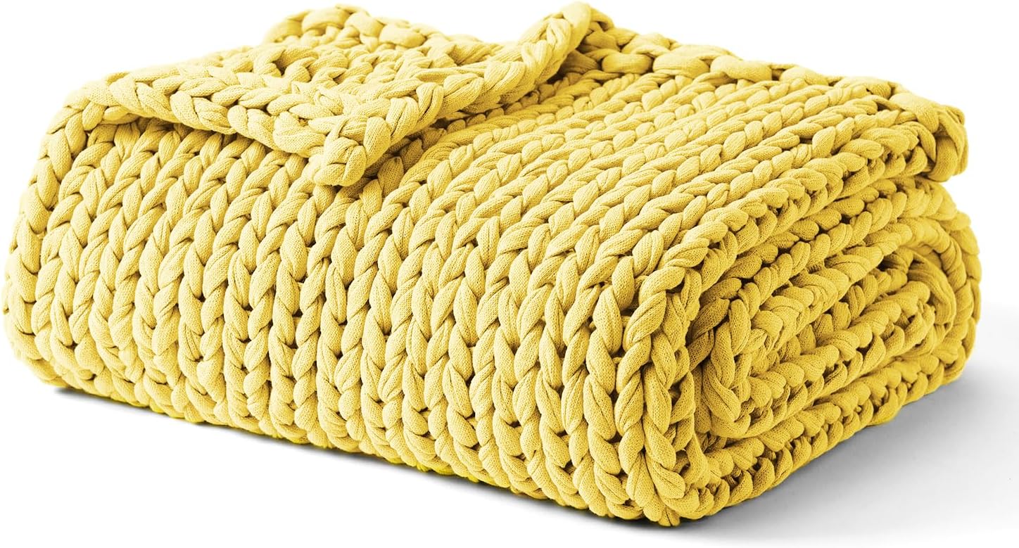 YnM Cooling Weighted Blanket, 100% Cotton Handmade Chunky Knitted Blanket, Weighted Lap, Breathable Heavy Blankets, Machine Washable Throw for Sleep or Home Decor (Yellow Lemon, 25x35 Inch, 3lbs)