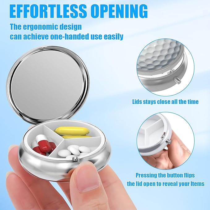 Golf Ball Pill Case,Sprot Ball Pill Box 3 Compartments Metal Small Pill Holder with Mirror Mini Travel Pill Container for Purse Pocket Women Men