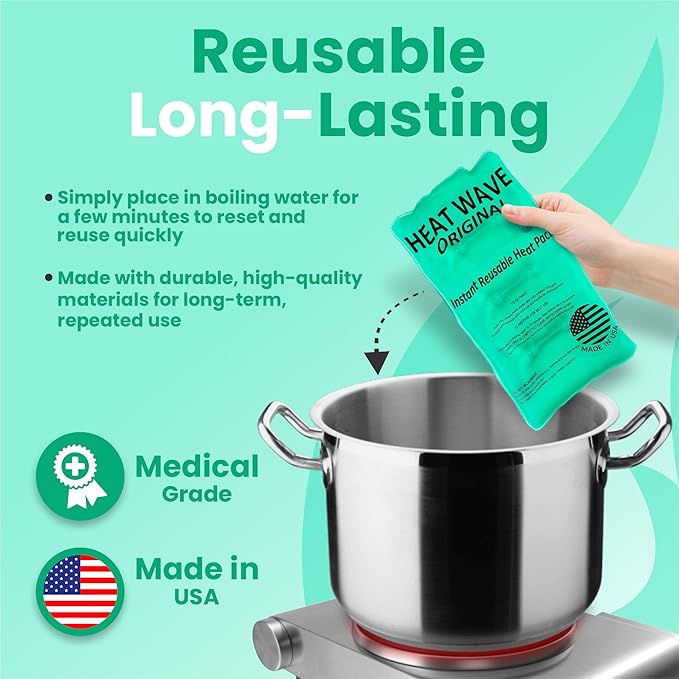 HEAT WAVE Instant Heat Packs Medium (5×9”)- Medical Grade Reusable Green 2-Pack Fast and HOT - Made in USA for Muscle Aches, Back, Arm, Shoulder, Pain Relief, Warmth on The Go; Heating Pad Click Heat