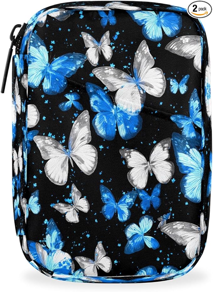 Beautiful Blue Butterflies Pill Case Travel Pill Organizer Weekly 7 Day Portable with Zipper Medicine Box Pill Case for Vitamins, Birth Control,Fish Oils,Medication, Supplements