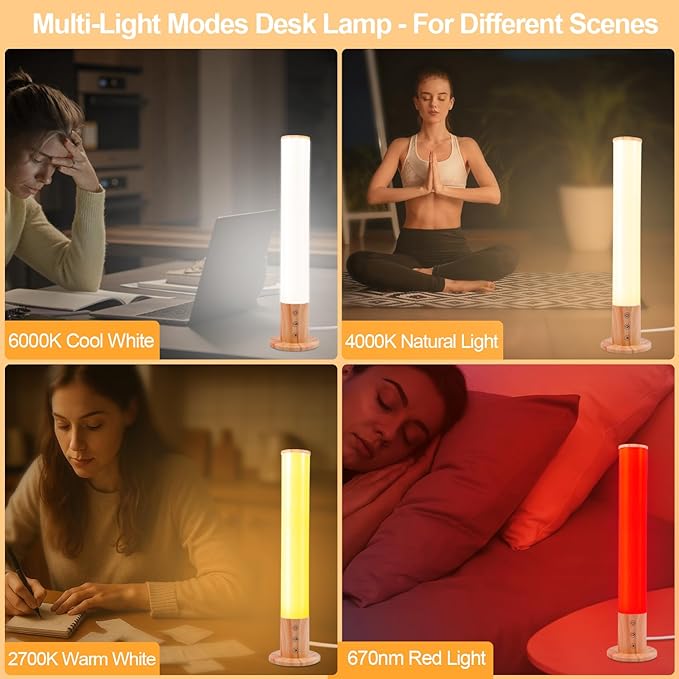 Light Therapy Lamp - 10000 Lux Full Spectrum Sun Lamp, 3 Color Temperatures & 670nm Red Light, Touch/Remote Control, Stepless Dimming, USB Charging, GlowPillar Sunlight Lamp for Home Office