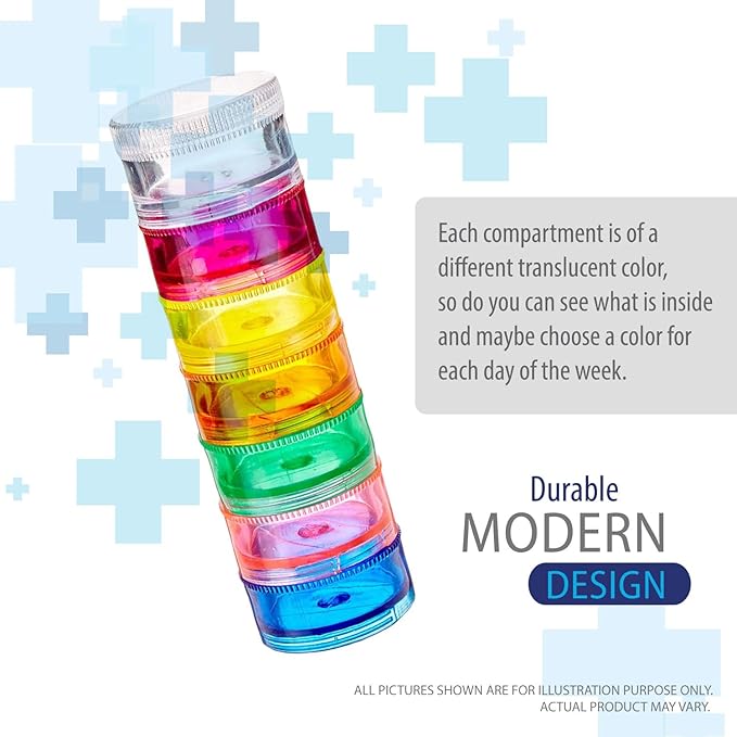 Deke Home - Stackable Pill Organizer (2 Pack), 7 Day Weekly Pill Box Tower with Twist Lock Compartments, BPA-Free, Travel Medicine Holder & Vitamin Dispenser, Compact & Portable Case, Rainbow Colored