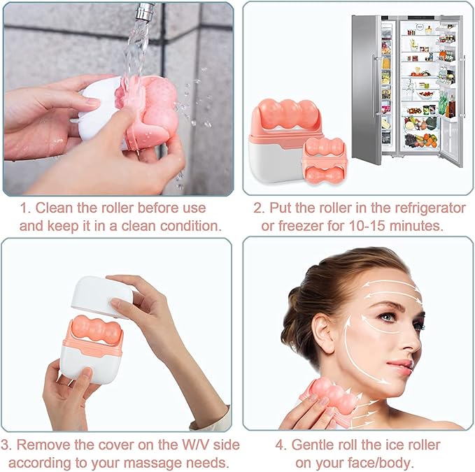 2-in-1 Ice Roller for Face Skin Care Tool Personal Skin Cooling Therapy Tools, Cold Facial Ice Massager for Eye Puffiness, Migraine, TMJ Pain Relief & Minor Injury (Pink)