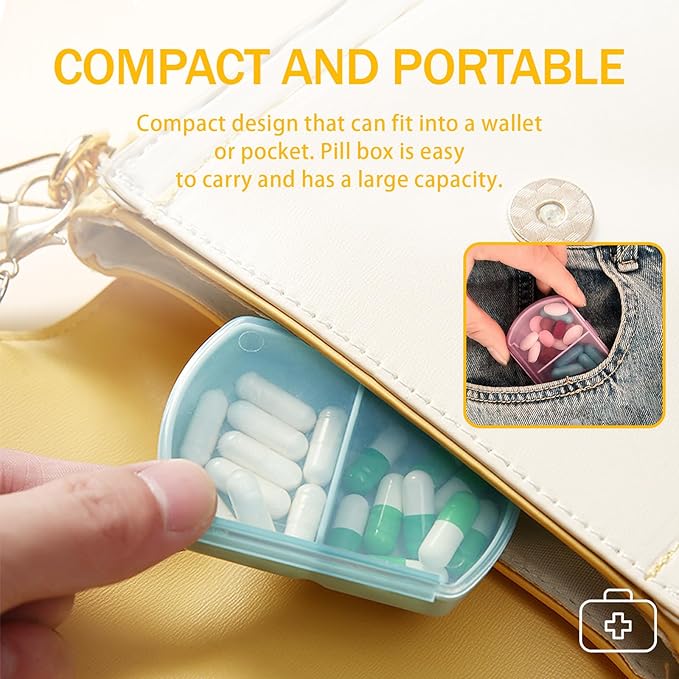 2PCS Small Pill Case Travel Pill Box Cute Pill Organizer for Purse Portable Daily Medicine Organizer 2 Compartment Pill Holder for Vitamins, Fish Oil, Supplements