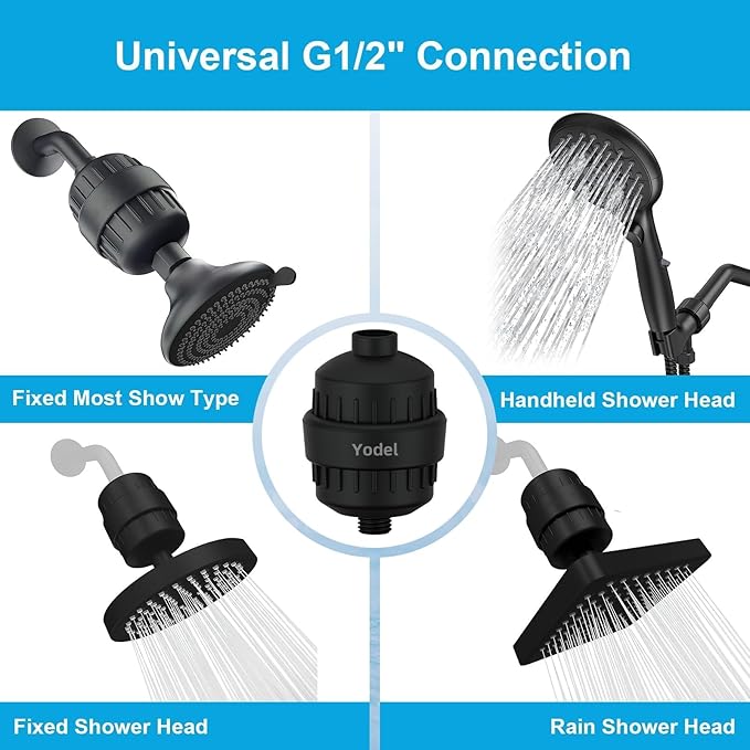 Yodel Shower Filter with 6 Cartridge Matte Black - Hard Water Softener, 99% Removes Chlorine & Impurities, Improves Skin & Hair Condition, Universal Fit for Shower Heads