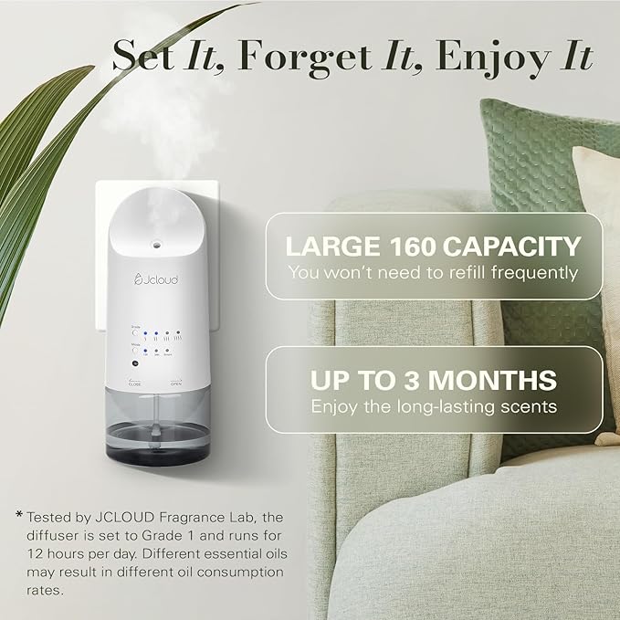 JCLOUD Plug in Diffuser Covers Up to 500 Sq. Ft. for Home, Office, Spa – Waterless Scent Diffuser Starter Kit with Royal Serenity Essential Oil Inspired by Luxury Hotel 140mL, White