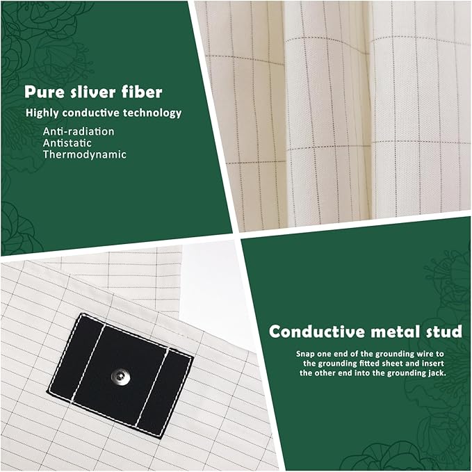 Grounding Sheet Fitted Silver Fiber Grounded Queen Size Sheets for Bed Cotton Earth Sheet with Cord (60"x80"x14",Queen,Beige)