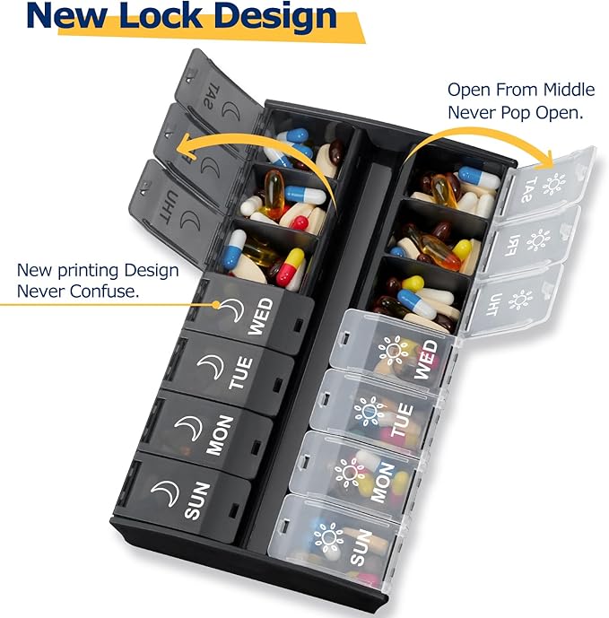 XL Large Pill Organizer 2 Times a Day, Weekly Am Pm Pill Box with Hinged Lids, 7 Day Medicine Vitamin Pill Case, Daily Pill Container, Big Medication Organizer for Supplement
