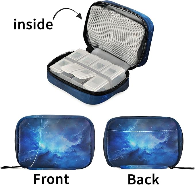 Fustylead Beautiful Blue Cosmic Nebula Pill Organizer and Storage Weekly with Zipper, Removable Pill Box Portable Medicine Organizer for Vitamin Fish Oil Supplement