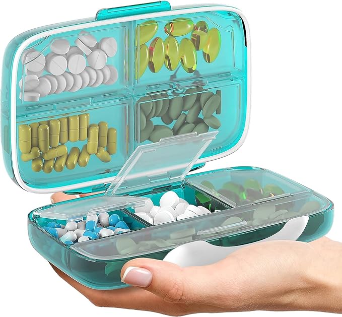 Pill Organizer Airtight Pill Box Large Pill Dispenser Home Travel Supplement Holder Portable Vitamin Sorter Jumbo Size 8 Compartment Airtight Vitamin Container Daily Medicine Travel Essentials