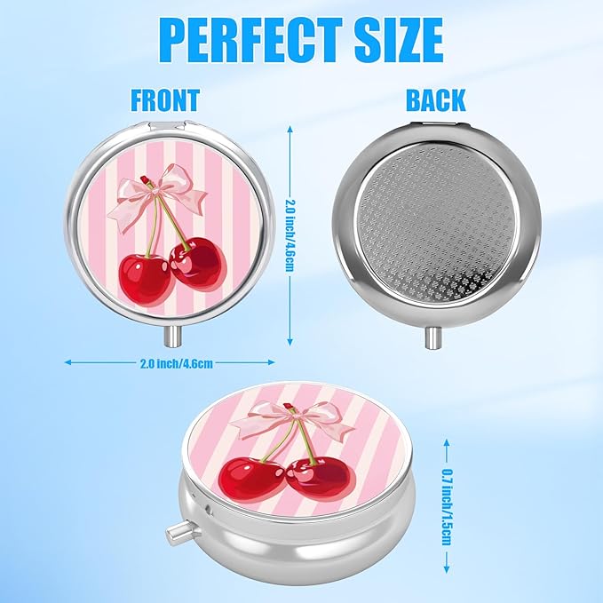 Pink Cherry Bow Pill Case, Pill Box 3 Compartments Metal Small Pill Holder with Mirror Mini Travel Pill Container for Purse Pocket Women Men