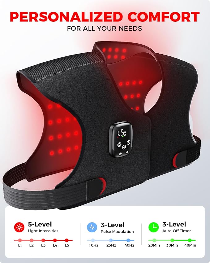 Red Light Therapy for Neck and Shoulder with 157 LEDs, Wireless 660nm & 850nm Infrared Red Light Therapy Neck and Shoulder Heating Pad, 5-Level Light Intensities & 3-Level Pulse Wearable Wrap