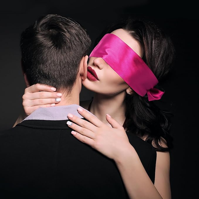 FRESHME Satin Sleep Mask - Lightweight Eye Mask for Sleeping Comfortable Adjustable Eye Blindfold Cover for Women Men Night Travel Nap Valentine's Day Gift Black and Deep Rose Red 160cm/63in