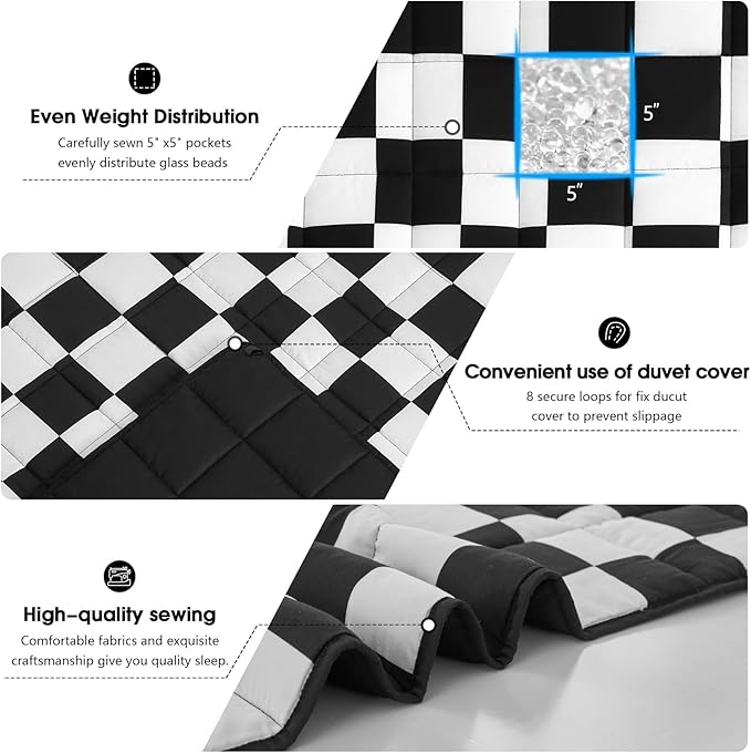Black Checkered Weighted Blanket for Adults 12lbs, 60"x80" Queen Size, Cooling Heavy Blanket for 110-130lbs with Premium Glass Beads, Soft Thick Big Blankets for All-Season Sleeping Comfort Breathable