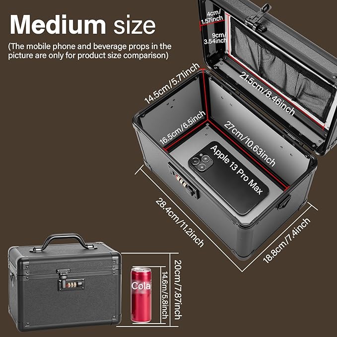 Medicine Lock Box, Lockable Storage Box for Drugs, Childproof Medication Storage with Combination Lock for Dorm/Outdoor/Home Personal Pill Organizers (Medium 11.2x7.4x6.8 Inch) Black